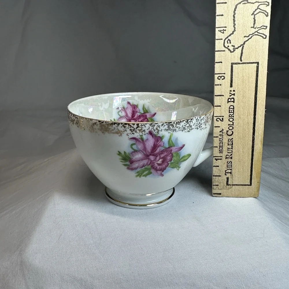 Iridescent Pink Orchid Tea Cup Reticulated Saucer‎ Lusterware Grandmillennial